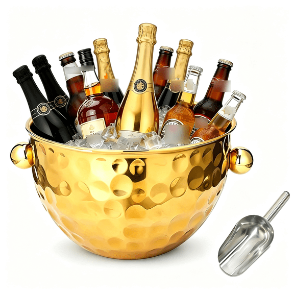 CCOCC Gold Ice Bucket,6.6L Stainless Steel Champagne Bucket with Scoop,Party Beverage Tub Large Insulated Ice Bucket with Hammered Gold Finish,Keeps Wine,Champagne&Drinks Cold for Parties