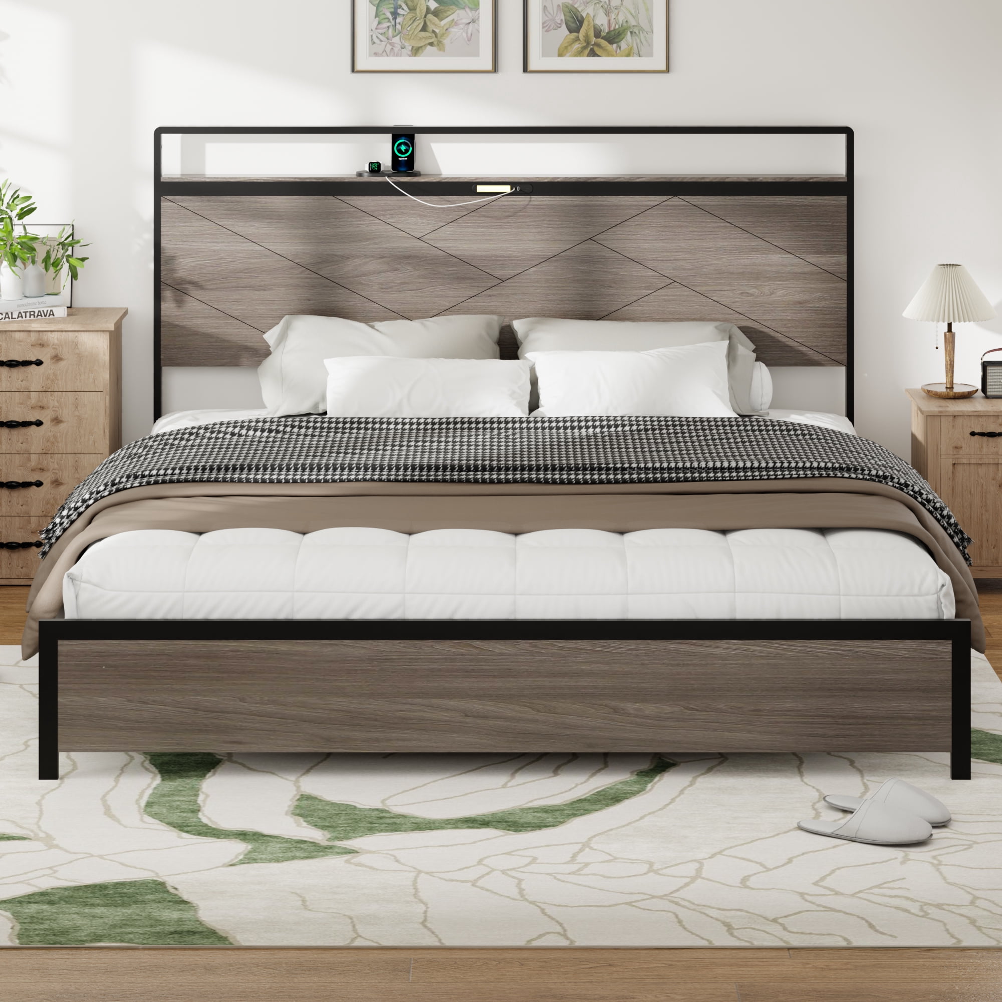 Miniyam King SizeMetal Bed with Wooden Headboard, USB Charging Station for Adult, Gray