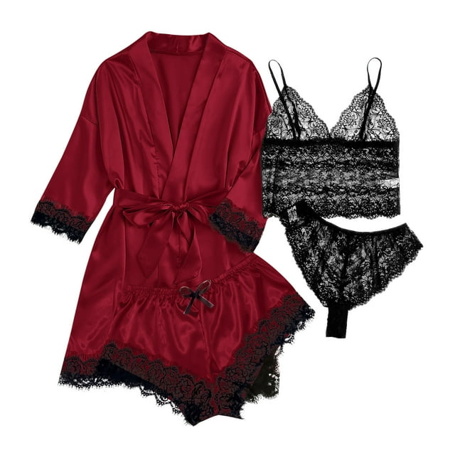 Fvwitlyh Pyjamas pour Femmes Pyjamas en Soie pour Femmes Ensemble 4 Pcs Vêtements de Nuit en Satin Classique Boutonné Manches Courtes Ensemble de Pyjama Mignon Vêtements de Détente Rouge, TG