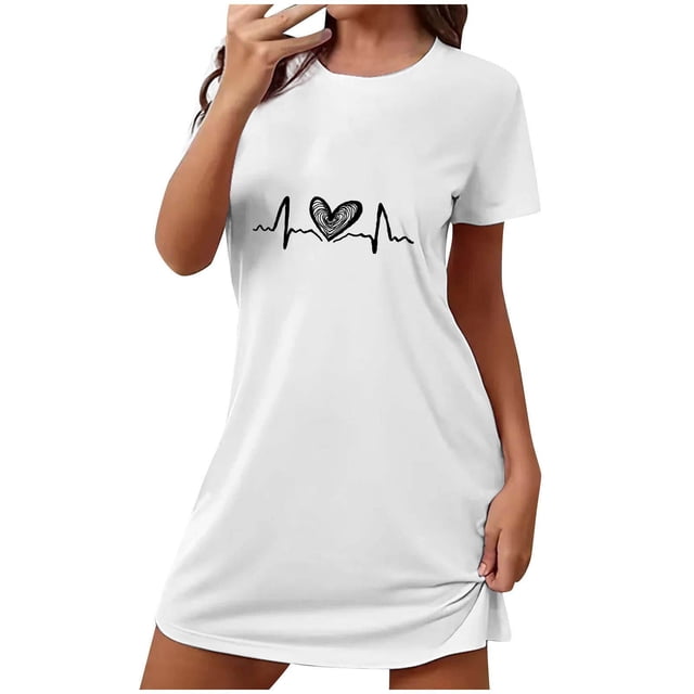 Rbaofujie Pyjama pour Femmes Ensemble Chemise de Nuit Courte Surdimensionnée pour Femmes Imprimée à Col Rond et Manches Courtes Robe Chemises de Nuit pour Femmes