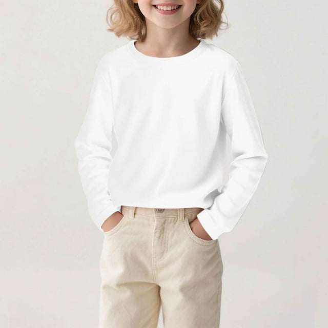 Kids' Solid Color Long Sleeve Round Neck Top - Comfortable Polyester Spandex Blend for Daily Wear, Travel, and Parties