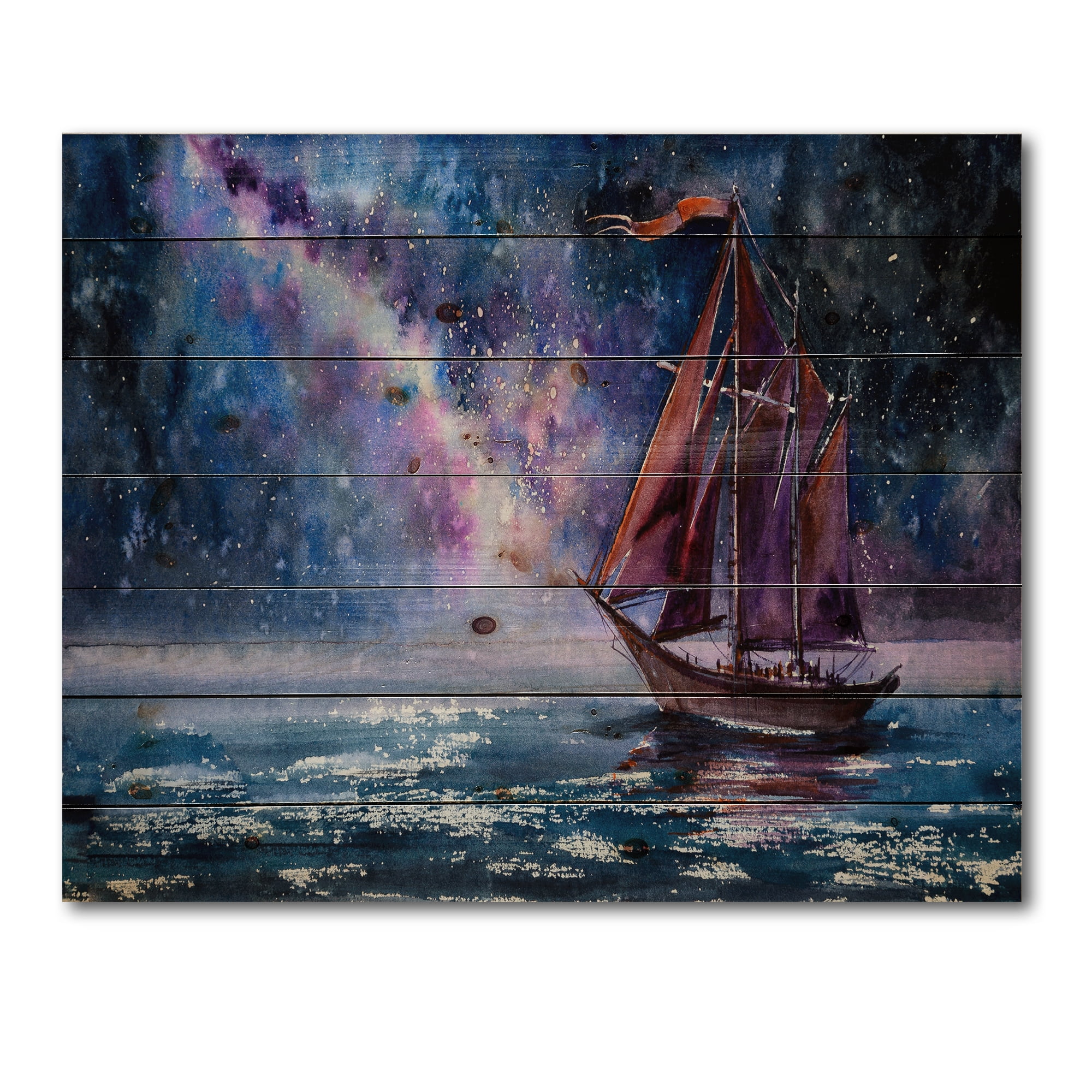 Designart 'Red Sails & Bright Night Sky With Wooden Sailboat' Nautical & Coastal Print on Natural Pine Wood