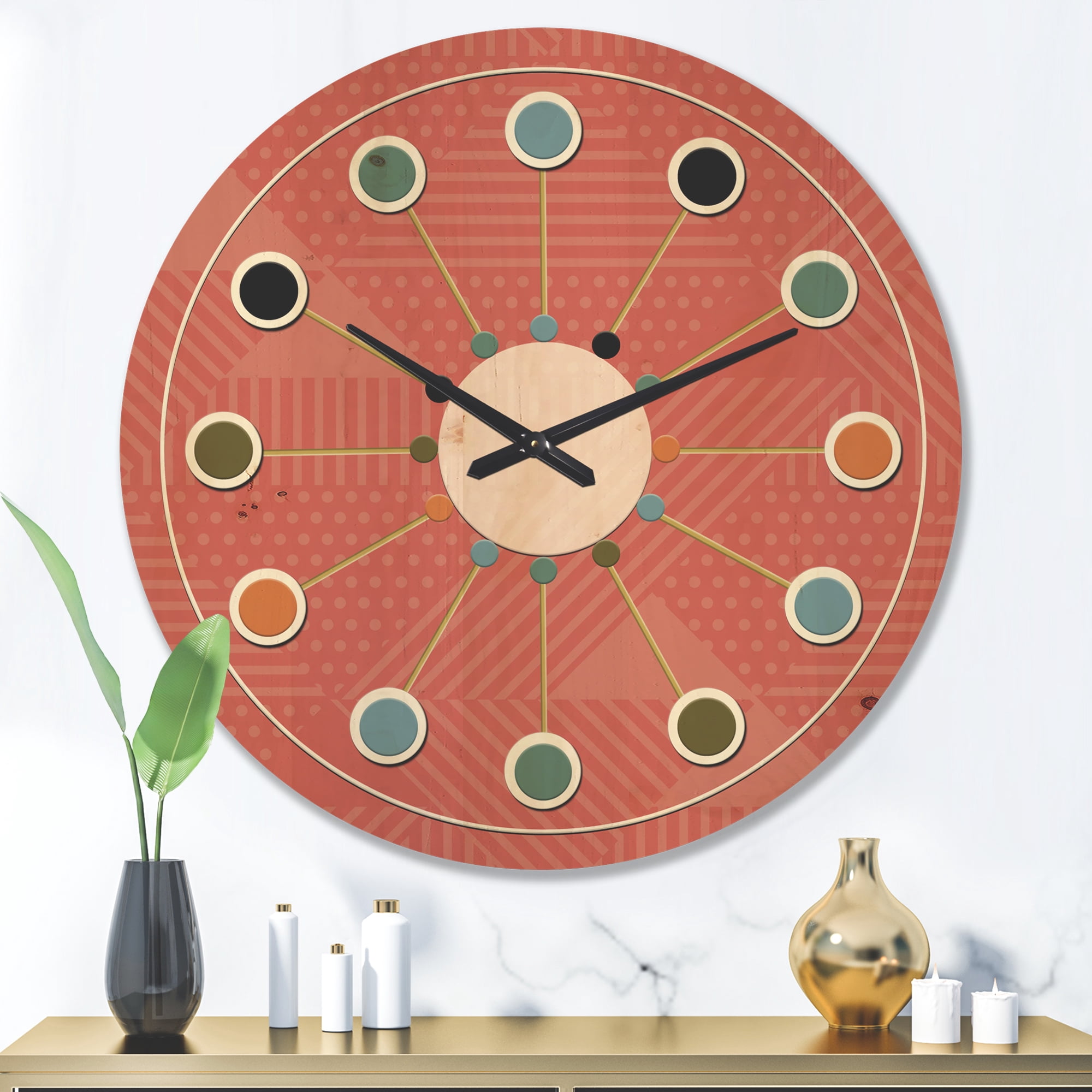 Designart 'Triangual Coral Retro Pattern' Mid-Century Modern Wood Wall Clock