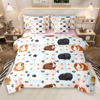 Manfei Cute Guinea Pig Hamster 7-Piece Twin Bedding Sets, Cartoon Love Heart Bedding Comforter Set, Blue Pink Buffalo Reversible Sheet Sets, Breathable Home Decor