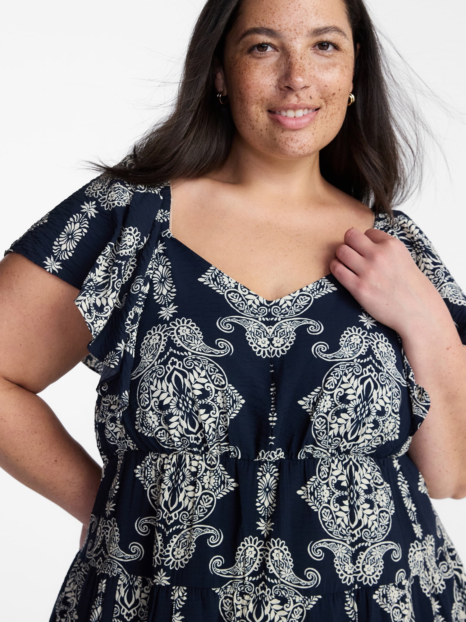 Terra & Sky Women’s Plus Midi Dress with Short Flutter Sleeves, Sizes 0X-5X