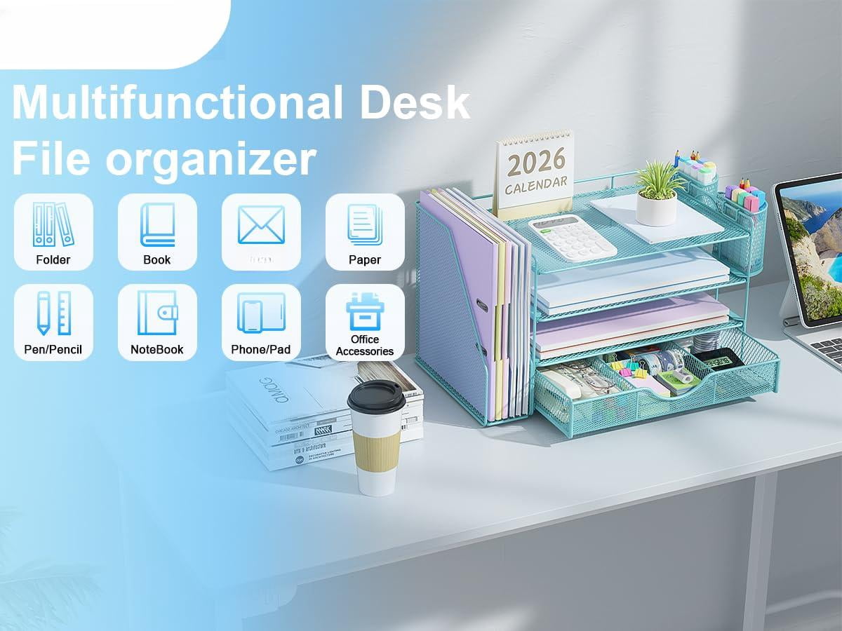 Desk Organizers And Accessories With File Holder  4-tier & Workspace Drawer 2 Pen Paper Organizer For Office Supplies (blue)