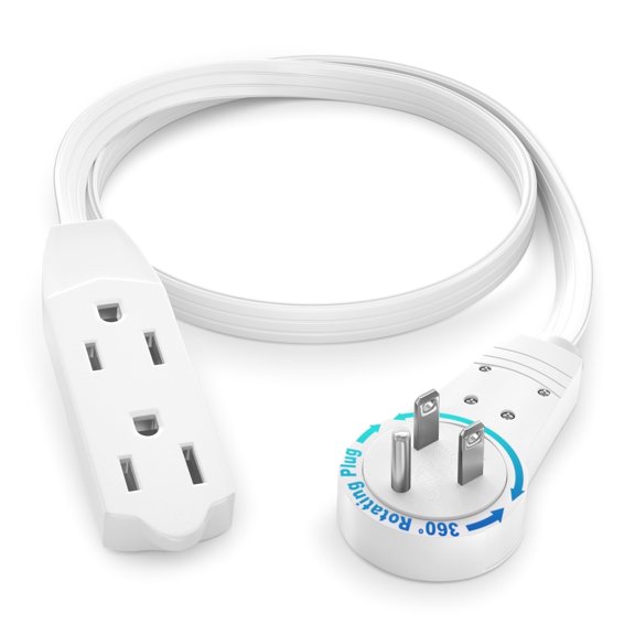 Maximm 1 ft. 16/3 Flat Extension Cord 360 Rotating Plug 3-Outlet 13A, 1625W, UL Certified, White