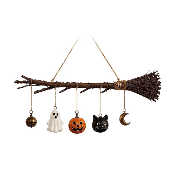 3D Witch Broom Wall Hanging Decoration – Spooky Halloween Prop with Ghost, Pumpkin & Skull Pendants – Window & Door Ornament for Haunted House & Party Decor