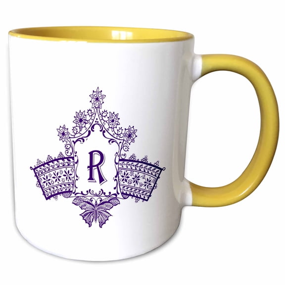 3drose, Monogram Initial R in Purple Diadem with Butterfly Detail, 15oz Two-tone Yellow Mug