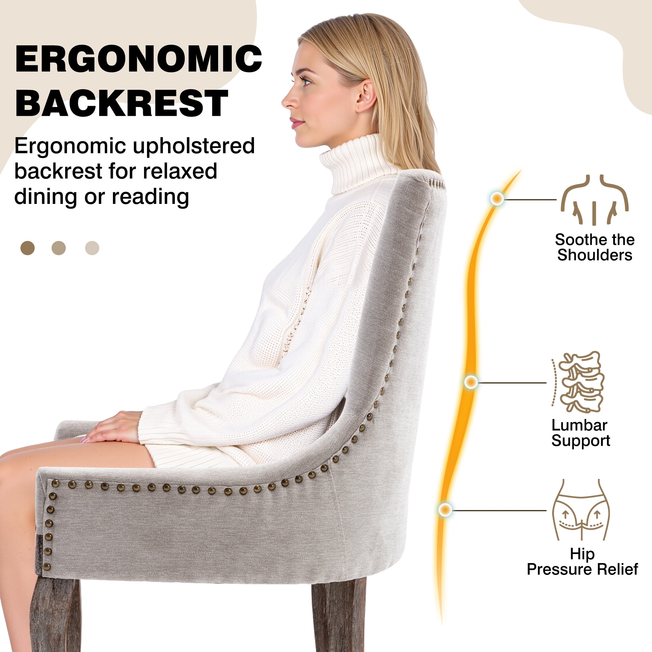 Dining Chairs Set of 2, LEGAHOME Beige Fabric Upholstered Dining Chairs, Mid-century Kitchen Chairs with High Back, Bronze Nail Head, Solid Wood Legs, Beige, 2 Pcs