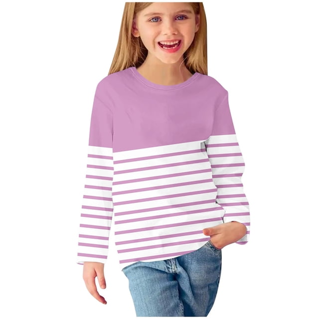 Huvoen T-Shirts à Manches Longues pour Filles Blouses et Chemises à Manches Longues à Col Rond pour Filles Chemises à Manches Longues à Imprimés Jolis Chandails Ras du Cou Hauts Blouses Habillées Décontractées Vêtements Roses 9 Ans