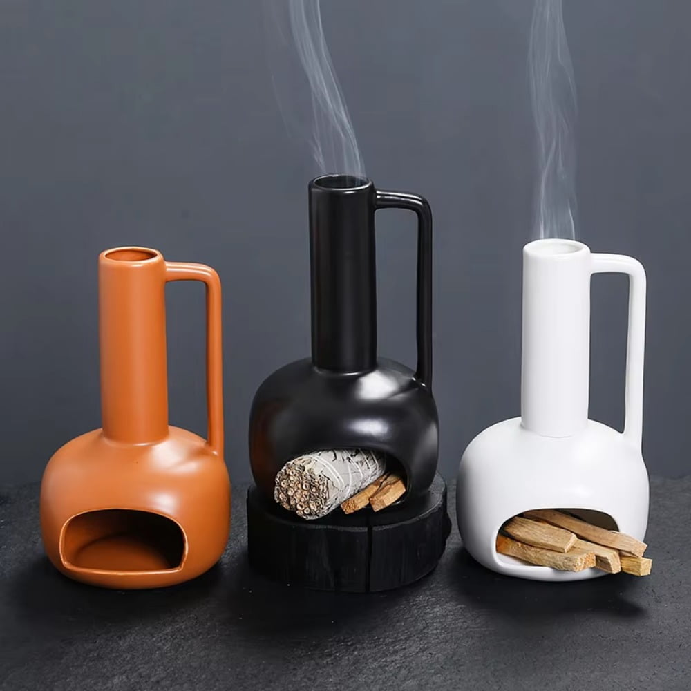 1pc Ceramic Multifunctional Home Decor Palo Santo Holder Sage Burner Incense Burner with Chimney & Handle (Without Incense)