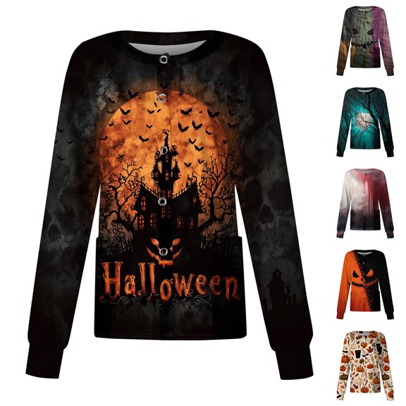 IYYVV Women'S Halloween Nurse Jacket Pumpkin Bat Ghost Print Scrub Tops Long Sleeve Scrubs Tops Witch Pumpkin Bat Working Nurse Uniforms Black XL