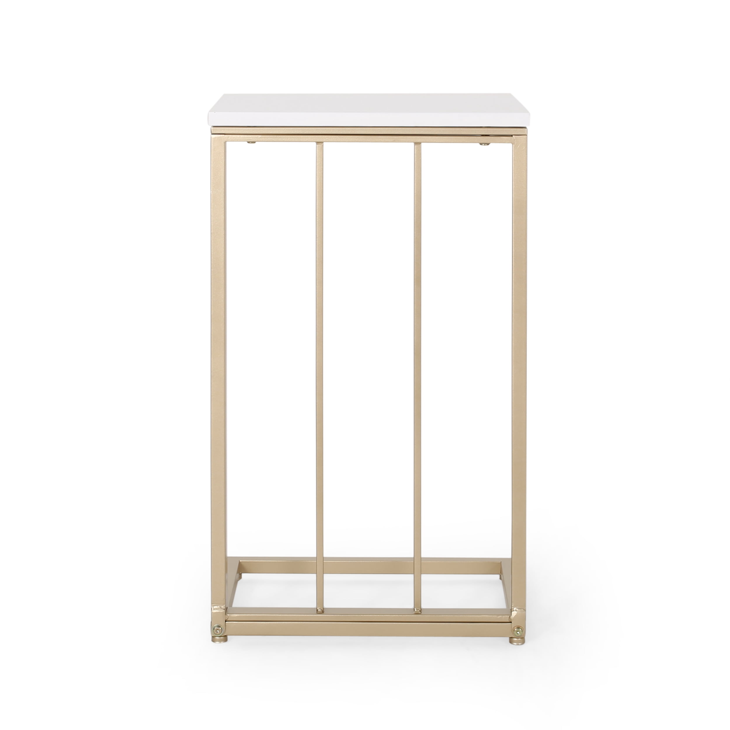 Noble House Miguel Modern Glam Faux Wood End Table, White, Champagne Gold