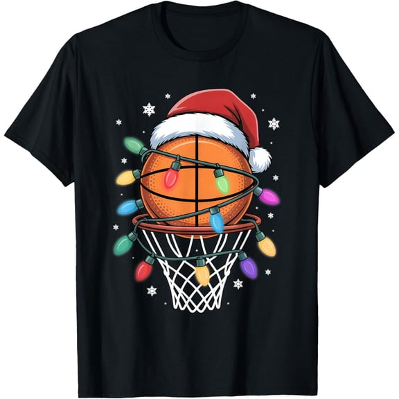 Christmas Basketball Santa Hat Xmas Light Basketball Lover T-Shirt- American fashion hot selling casual retro high quality 100% cotton T-shirt 1 piece