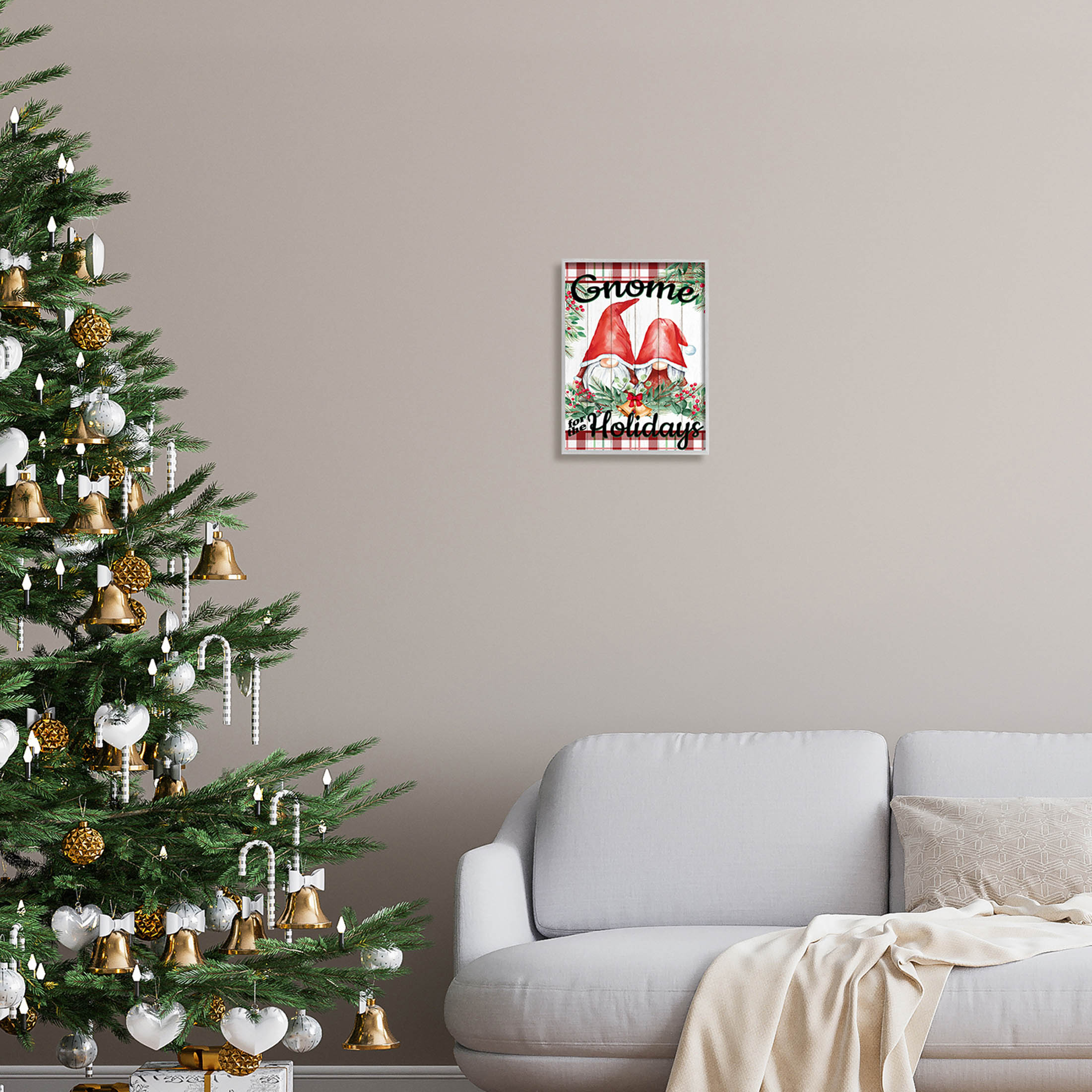 Stupell Industries Gnome For The Holidays Plaid Graphic Art Gray Framed Art Print Wall Art, Design by Kim Allen