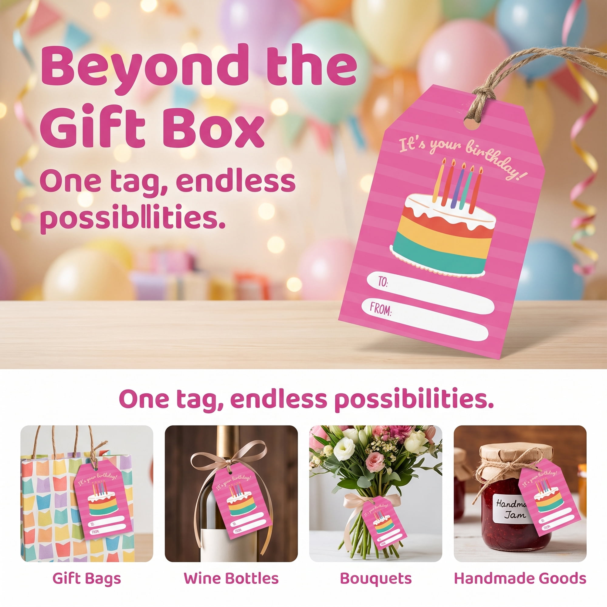 Unique Bargains 100Pcs Elegant Birthday Gift Tags with Twine Rainbow Cake 2" x 3.1"