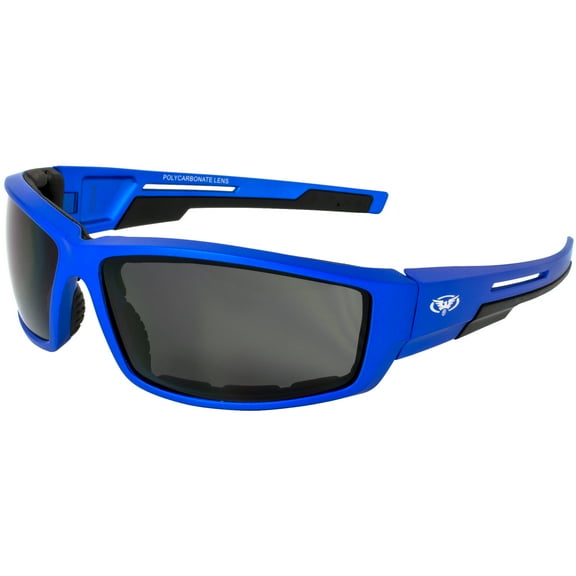 Global Vision Sly Motorcycle ATV Padded Riding Glasses Sunglasses with Smoke Lenses and Blue Metallic Frames