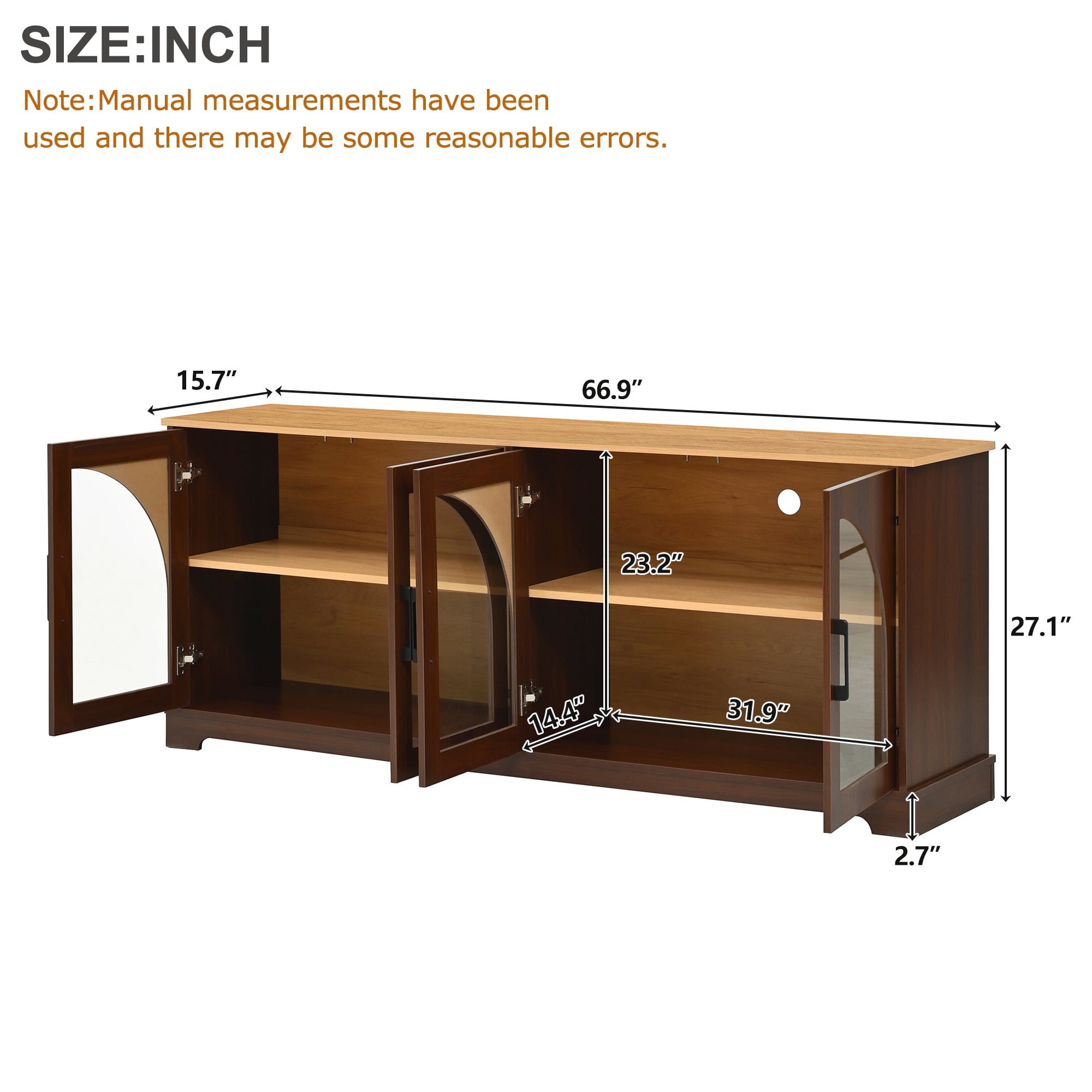 Miniyam Farmhouse TV Stand for TVs up to 70″ - Semi-Arched Glass Door Media Console with Adjustable Shelves & Cable Management, Walnut