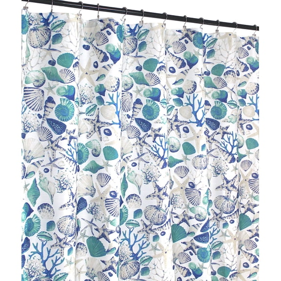 Serafina Home Coastal Shells Fabric Shower Curtain for Bathroom: Ocean Sea Shells in Bright Calming Beach Colors of Blue Teal Aqua Tan Beige