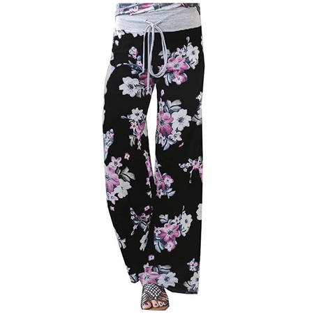 Women's Summer Casual Pajama Pants Floral Print Drawstring Palazzo Lounge Pants Wide Leg Black,
