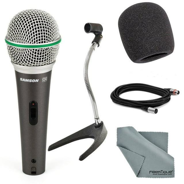 Samson Q6 Handheld Microphone Bundle with Desktop Microphone Stand + Mic Muff + XLR Cable + Fibertique Cleaning Cloth