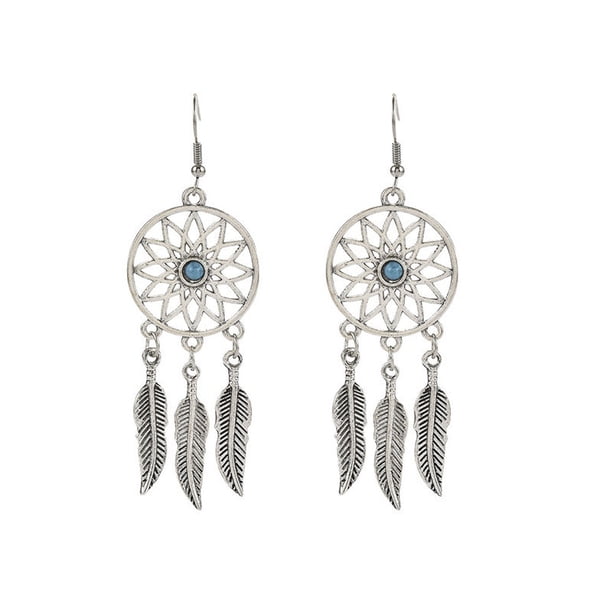 Pendientes de turquesa azul para mujer, joyería vintage bohemia occidental, pendientes colgantes de plumas de atrapasueños de indios nativos americanos