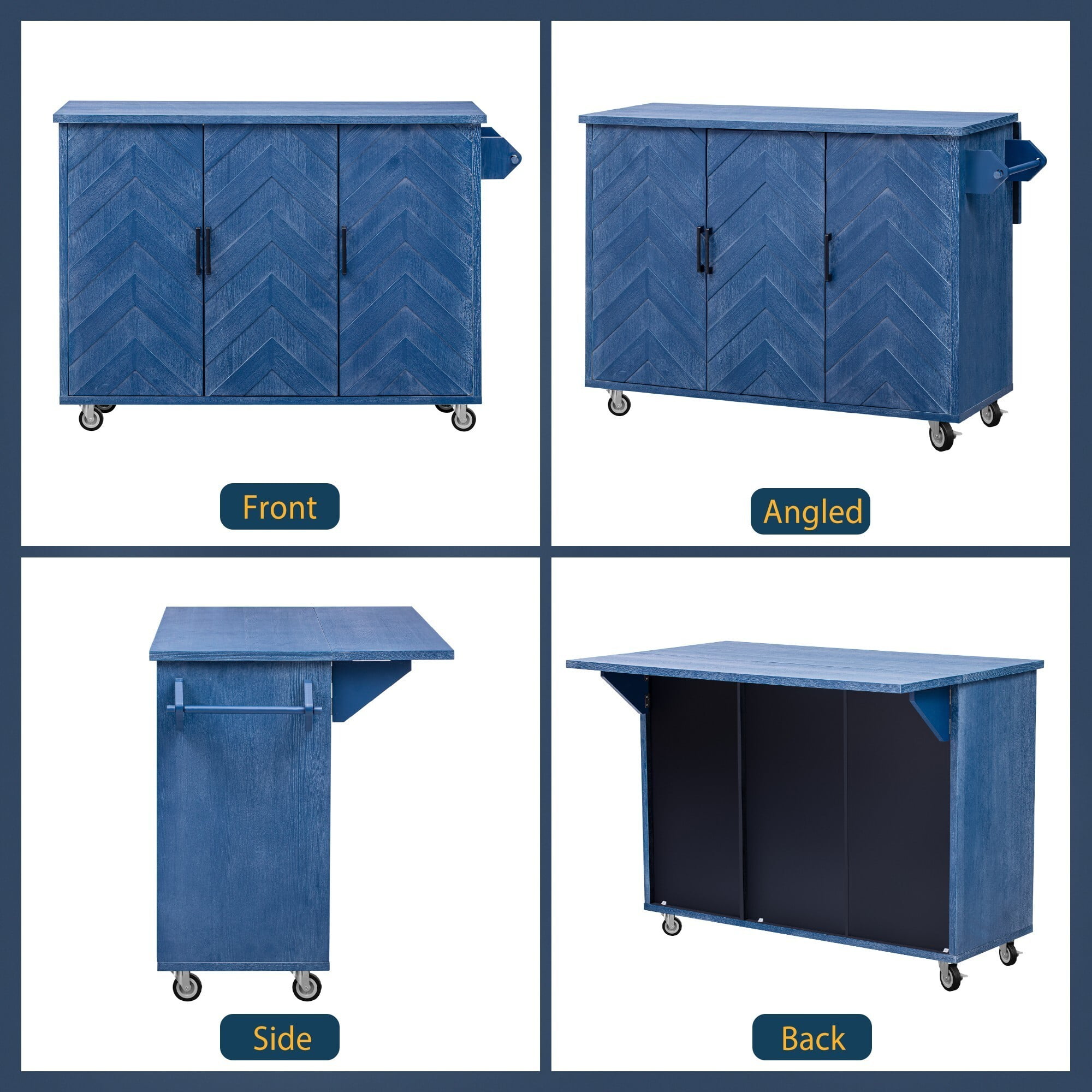 AENKYO 51.2"W 3D Wave Stripes Ash Veneer (Not Cheap Paper) Kitchen Island with Drop Leaf, Farmhouse Kitchen Island on Wheels with Internal Storage Rack, Rolling Kitchen Cart for Dining Room(Blue)