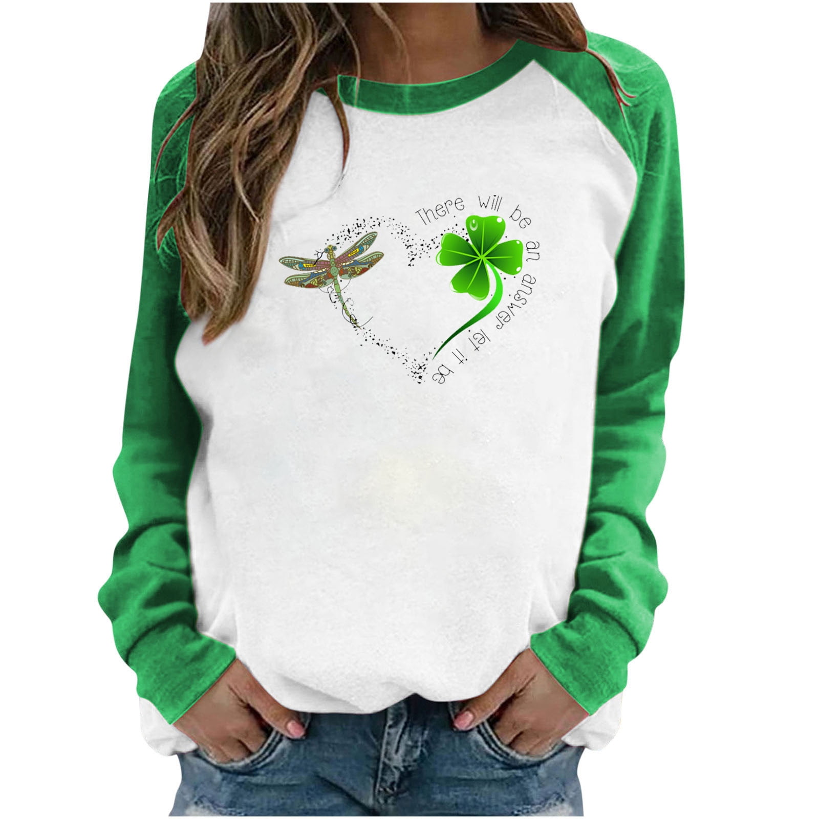 QIPOPIQ Chemises à Manches Longues pour Femmes Col Rond T-Shirts de la Saint-Patrick Hauts T-Shirt Imprimé Trèfle Chemise Verte Chanceuse Chemises St Patricks Day Chandails pour Dames Chemises Imprimées Chemises de Vacances Offres