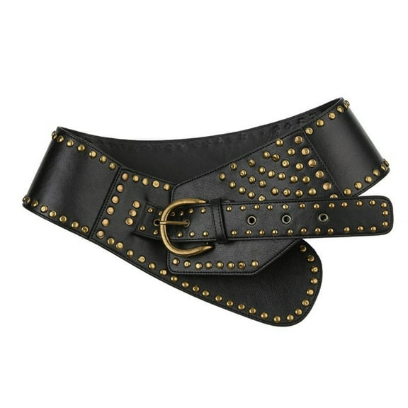 YM YOUMU Women PU Leather Rivet Wide Waistband Punk Retro Belt