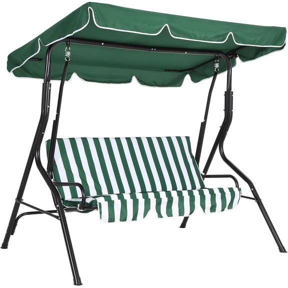 Outdoor Porch Swing Chair with Adjustable Canopy & Striped Seat Cushion for Adults 3-Seat Patio Glider Bench with Thick Cushions Steel Frame Outdoor Swing Chair for Backyard Lawn Garden Green