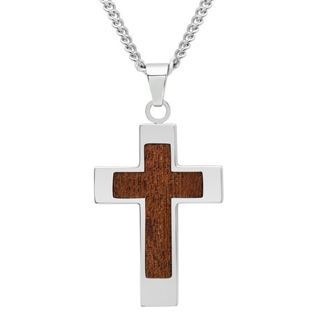 Wood Grained Cross - Men's Stainless Steel Wood Grain Carbon Fiber Inlay Cross Pendant Necklace Chain