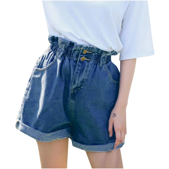 IROINNID Women's Casual High Waist Elastic Waist Wide Leg Solid Denim Shorts