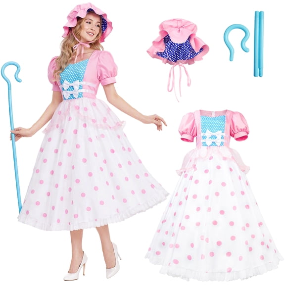 Forfamy Women Halloween Costume Adult Pink Polka Dot Skirt with Hat Halloween Cosplay Outfit for Adult