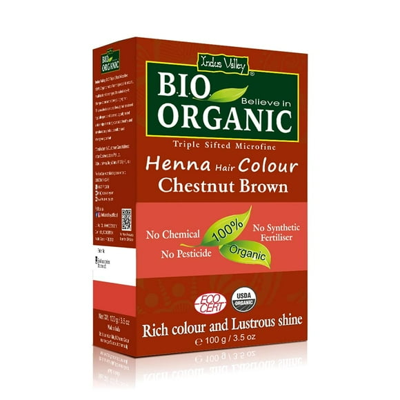 Indus Valley Bio Organic Natural Henna Color de cabello para cabellos grises - 3.53 oz (marrón castaño)