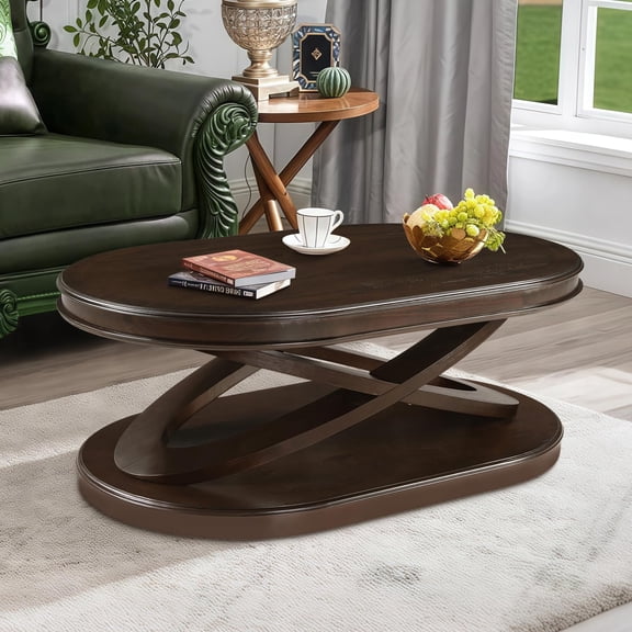 44 Inch Oval Espresso Coffee Table - Vintage X-Shaped Base Cocktail Table with Open Storage for Living Room & Home Office