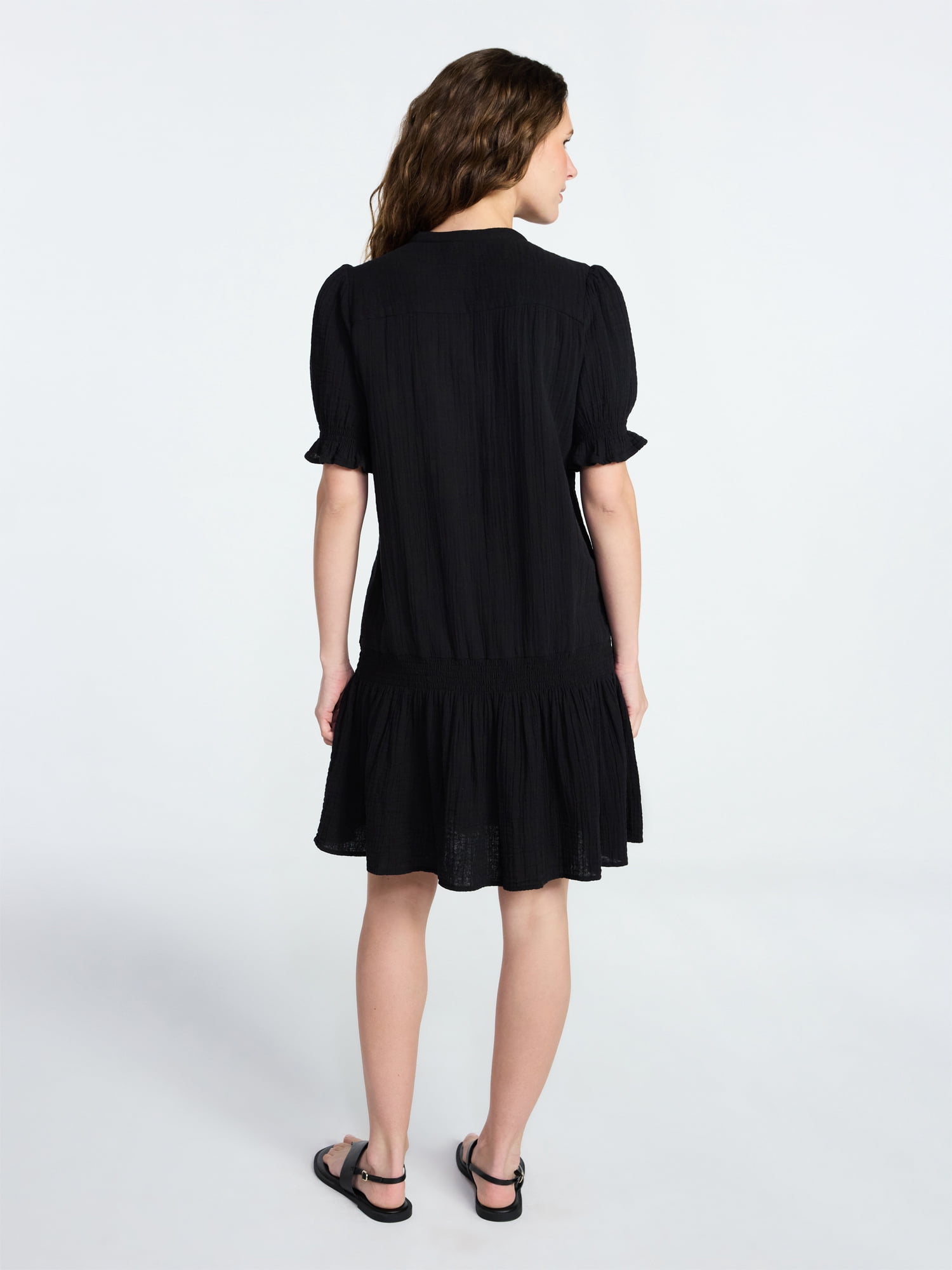 Time and Tru Women's Cotton Double Cloth Drop Waist Mini Dress with Puff Sleeves, Sizes XS-XXXL