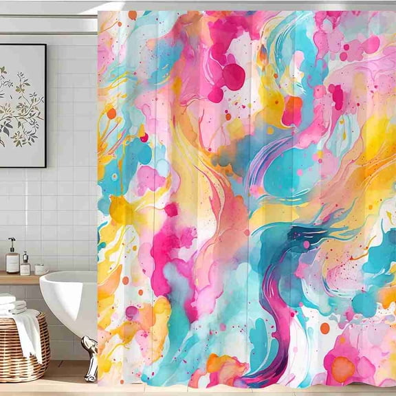 70x70 inch Abstract Pink, Teal, and Yellow Watercolor Fluid Art Shower Curtain, Waterproof Polyester Fabric with Hooks for Bathroom Decor
