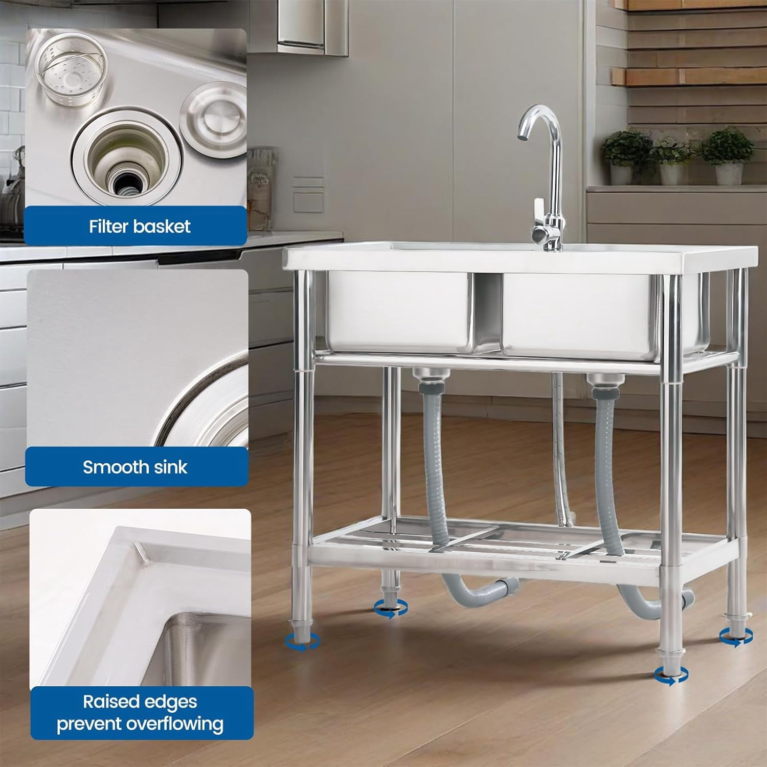 Stainless Steel Utility Sink, with Faucet, Legs, Cold and Hot Water Pipe, Heavy-Duty, Easy to Clean, for Laundry, Kitchen, Garage, Outdoor, Garden