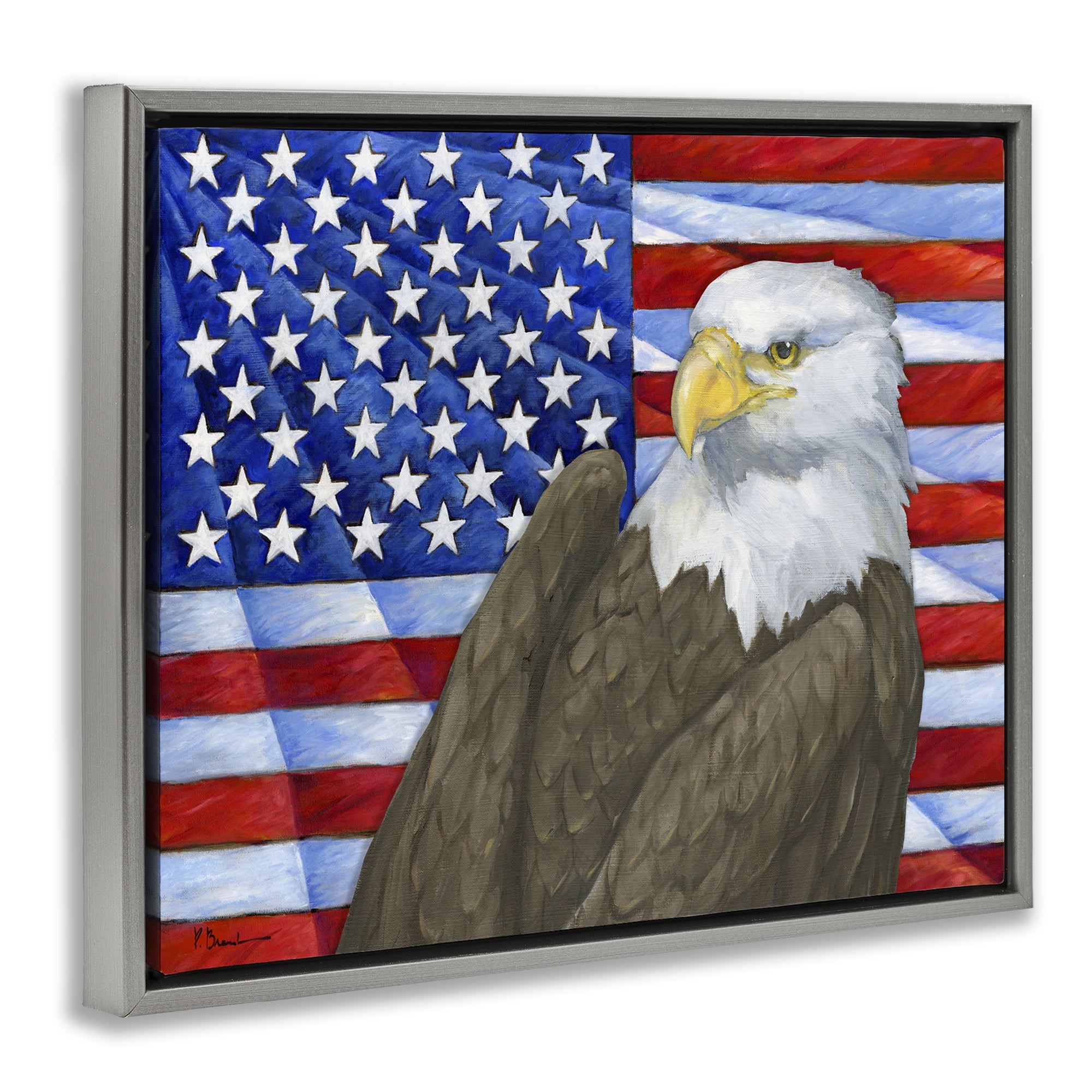 Stupell Industries Eagle's View Flag Patriotic Painting Gray Floater Framed Canvas Art Print Wall Art, 21 x 17