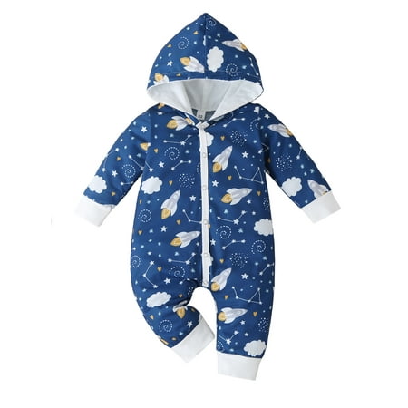 

MIHOLL Baby Boys Long Sleeve Rocket Pattern Hooded Coverall Size 0-18M