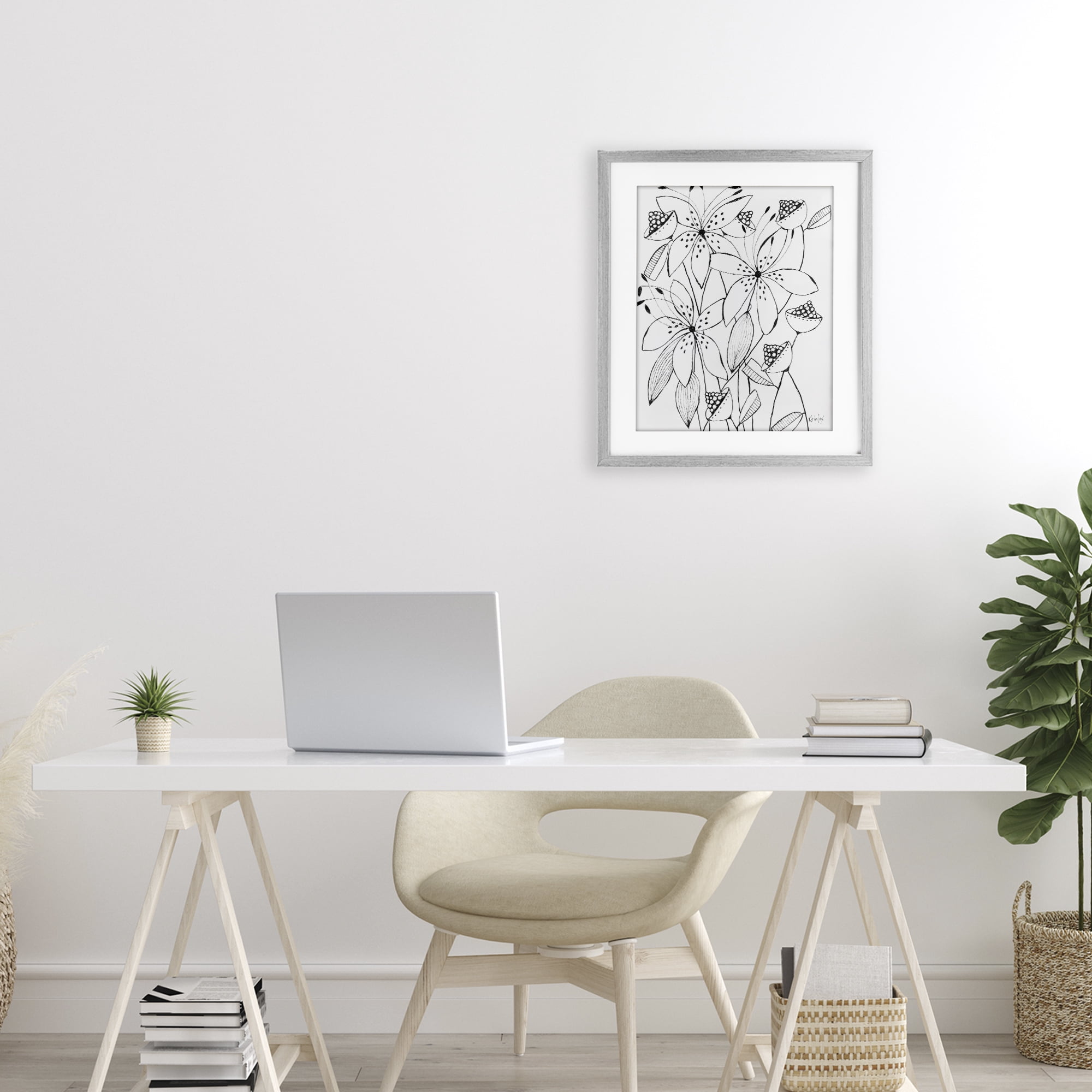 Stupell Industries Open Blooms Outline Gray Framed Print Under Glass, design by Krinlox