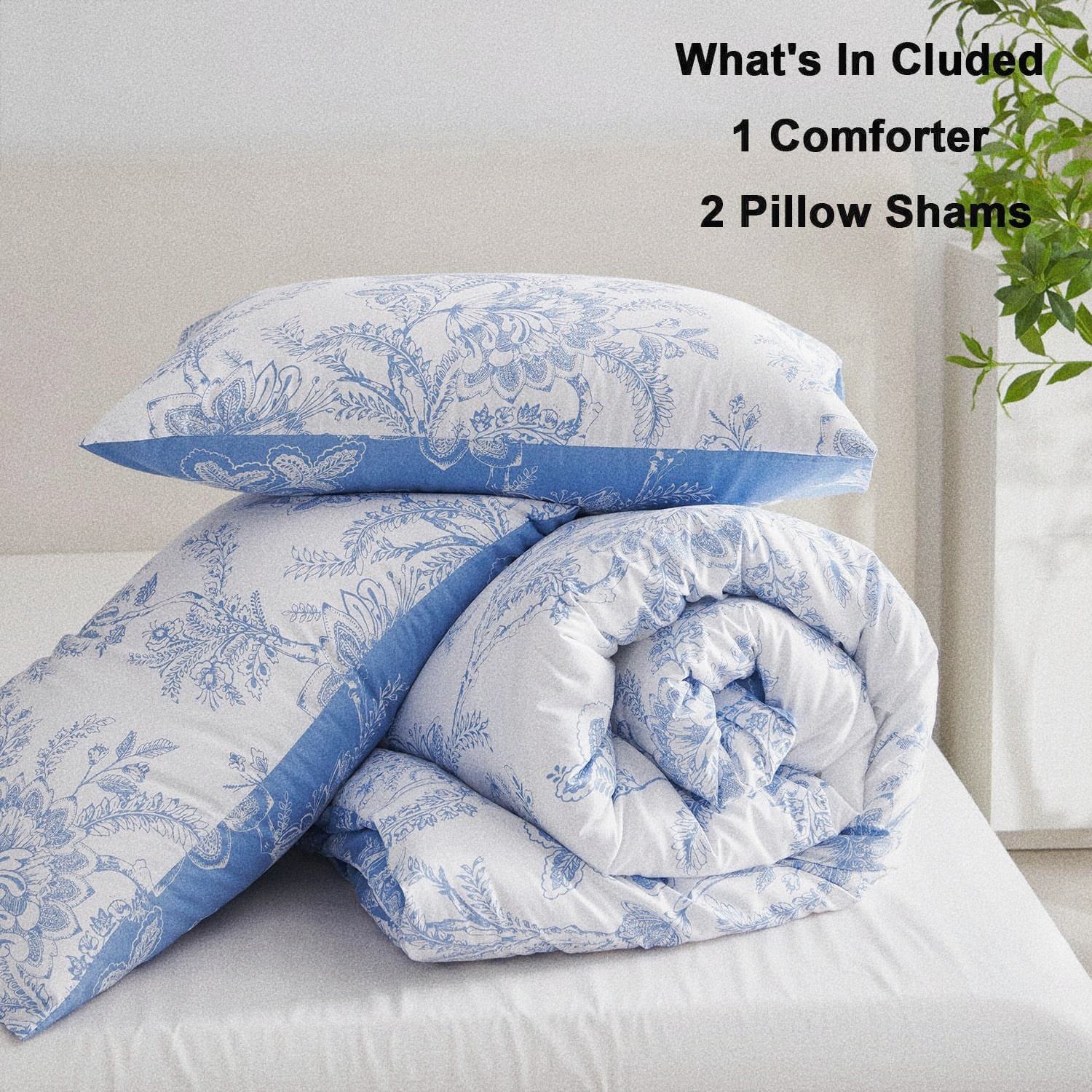 JOLUSERE Blue White Floral Leaves Queen Comforter Sets, 3 Pieces Botanical Plants Reversible Bedding Sets for Adults