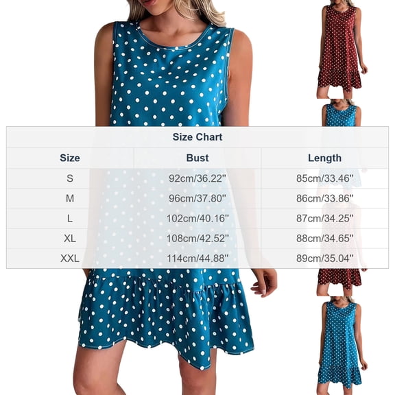 Makaor Ruffle Dresses for Women A Line Peplum Mini Dresses Plus Size Sleeveless Dress Polka Dot Crew Neck Lounge Dress Blue 2XL