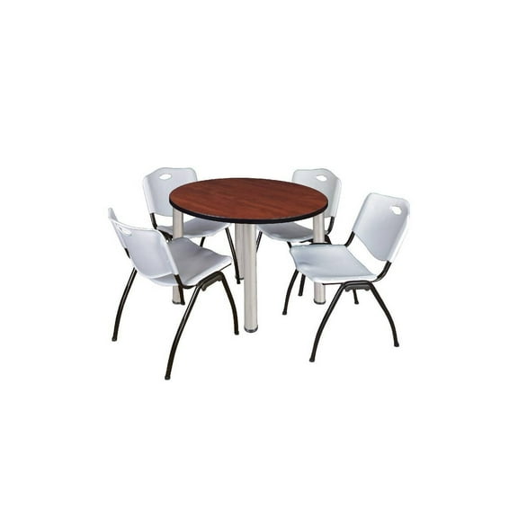HomeStock Modern Marvel 36" Round Lounge Table Cherry/ Chrome with 4 'M' Nesting Chairs, Grey - Ergonomic Breakroom Furniture Set for Staff Break Room, Tables & Chair, Breakroom Set