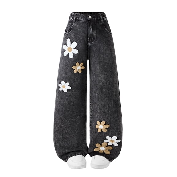 Girls' Wide Leg Jeans Flower Appliqued Trendy High Waisted Denim Long Pants with Pockets Casual Y2k Trouser (7-8 Years, Black)