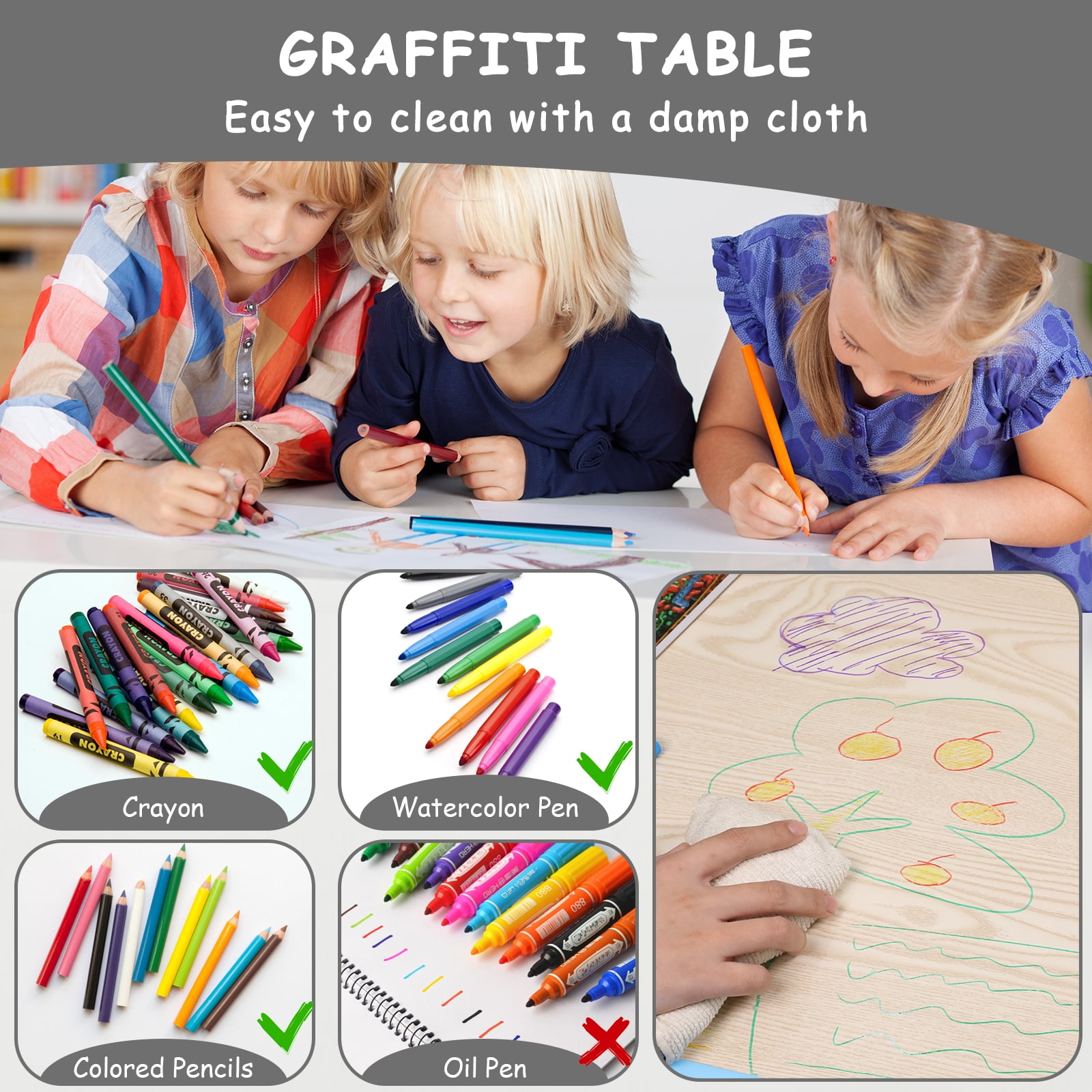 Pirecart 5-Piece Kids Table & Chairs Set Toddlers Activity Table Set Height Adjustable Play Table and Chair Set for Reading, Drawing, Eating, Gray