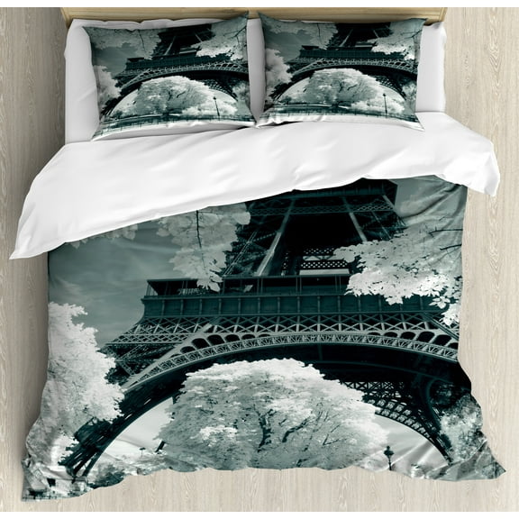 Black and White Duvet Cover Set, Eiffel Tower with Blossoming Trees Historical Paris Famous Landmark France, Decorative 3 Piece Bedding Set with 2 Pillow Shams, King Size, Blue Grey, by Ambesonne