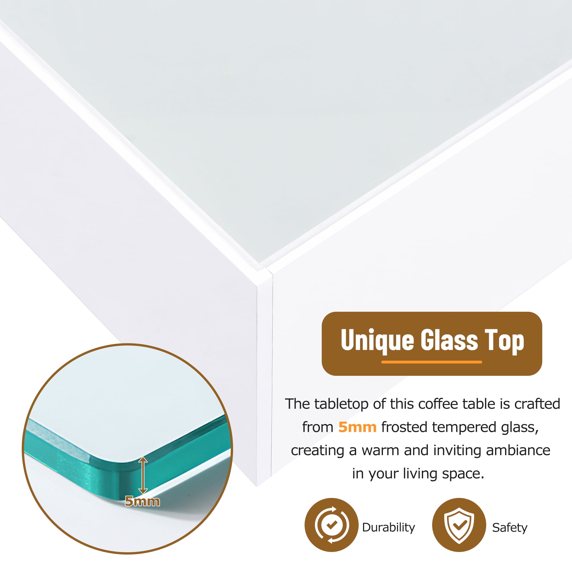 MAYEERTY Square High Glossy Coffee Table with 16-Color LED Strip Lights, Modern Center Table with 5mm Frosted Tempered Glass Top for Living Room, White, 27.5*27.5in