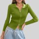 thumbnail image 1 of MHFRRA Cárdigan de Punto Acanalado con Doble Cremallera para Mujer, Top Corto Ajustado con Cuello Verde, 1 of 3